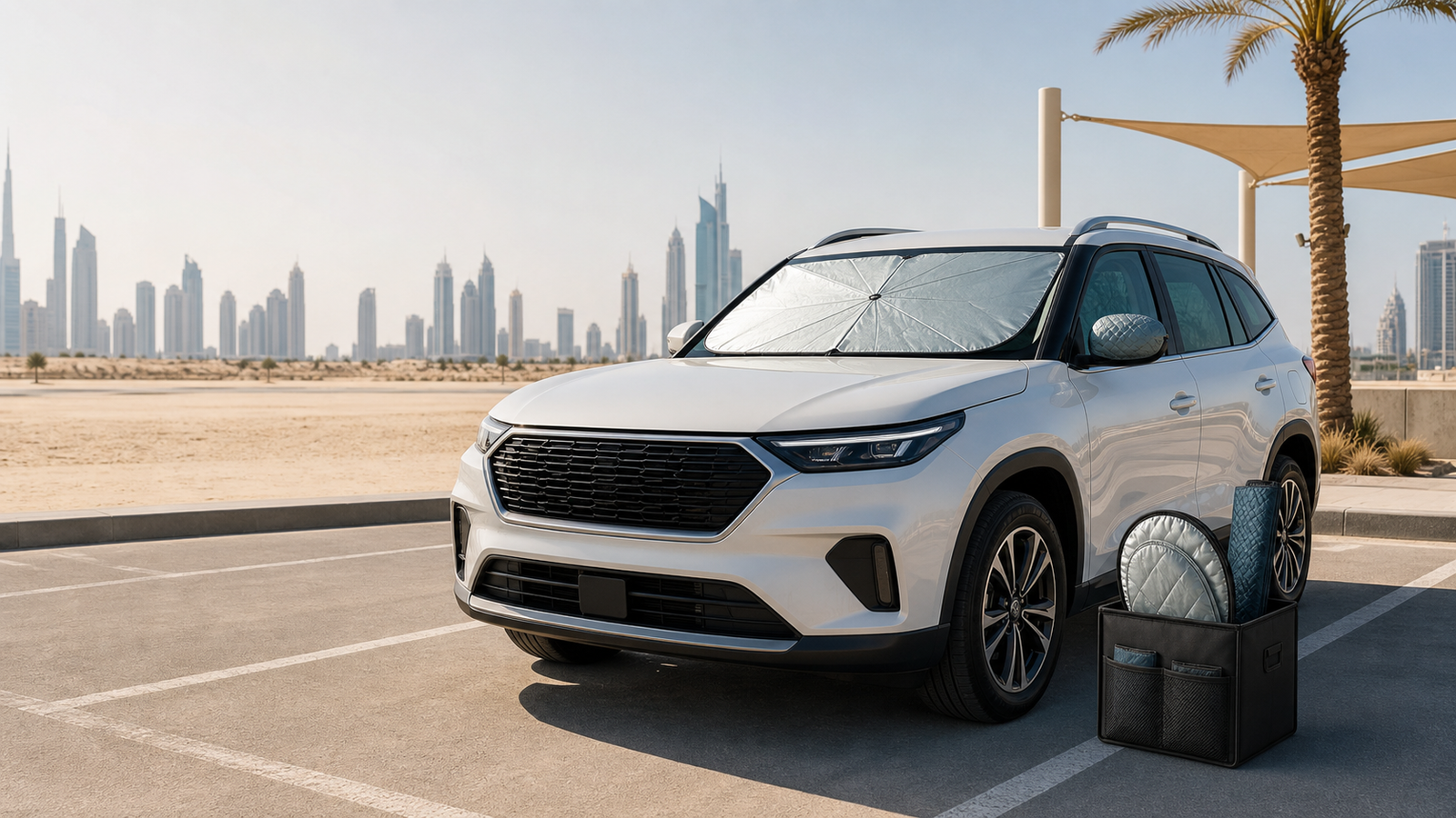 Car with a windshield sunshade parked under the UAE sun